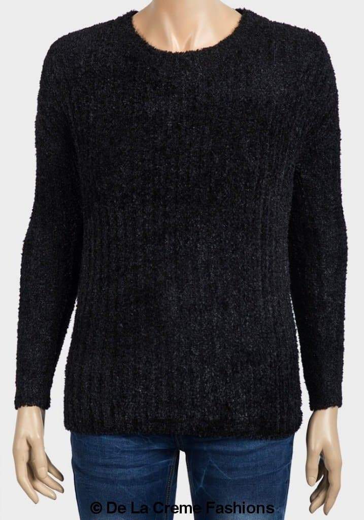 De La Creme Women's Soft Chenille Jumper in black and aubergine, featuring a scoop neckline and long sleeves, made from soft stretchy chenille fabric.