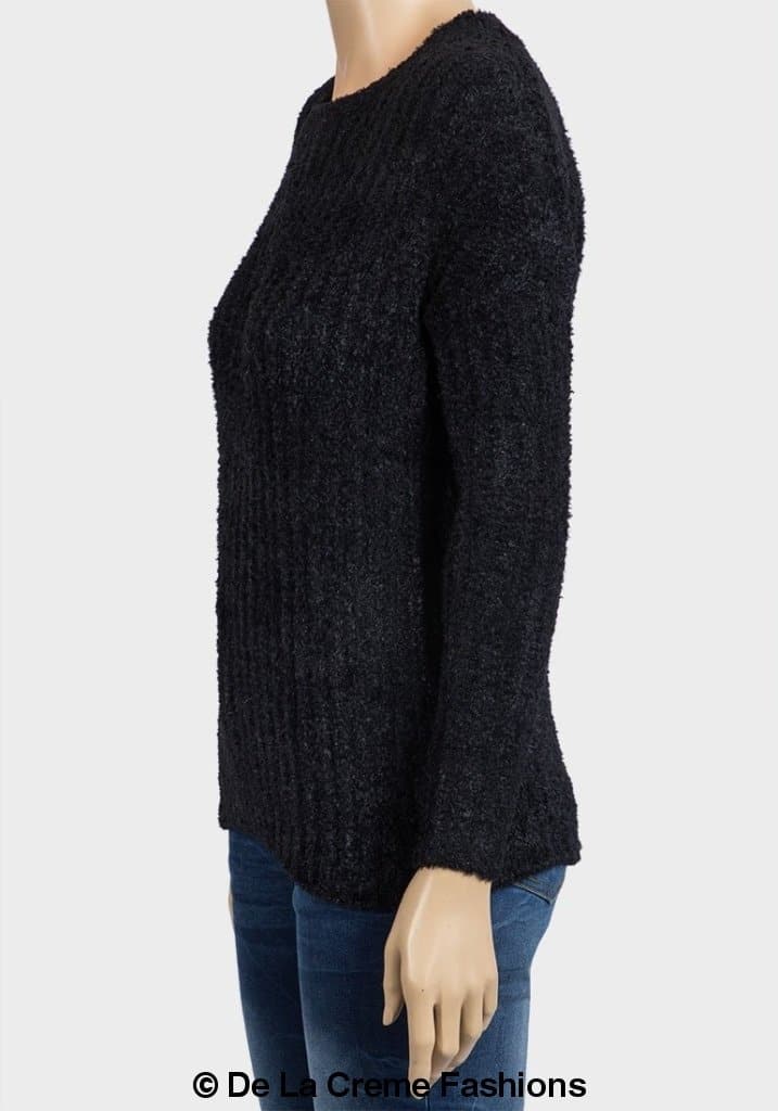 De La Creme Women's Soft Chenille Jumper in black and aubergine, featuring a scoop neckline and long sleeves, made from soft stretchy chenille fabric.