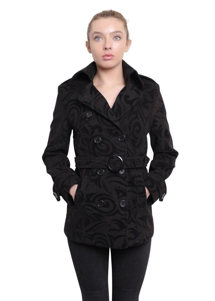 De La Creme Women's Tribal Print Double Breasted Short Coat in black, grey, and red with stylish belt and satin lining.