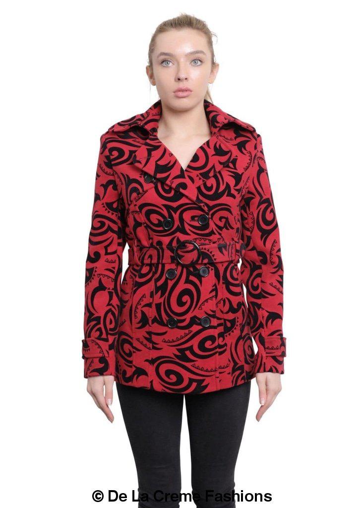 De La Creme Women's Tribal Print Double Breasted Short Coat in black, grey, and red with stylish belt and satin lining.