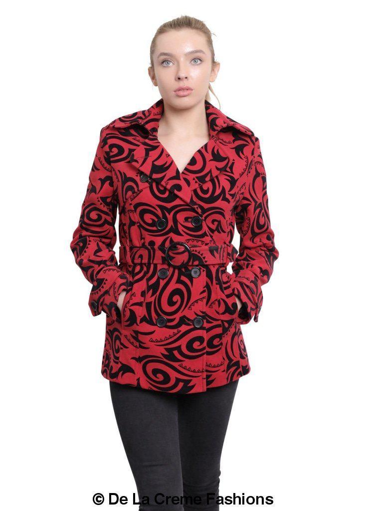 De La Creme Women's Tribal Print Double Breasted Short Coat in black, grey, and red with stylish belt and satin lining.