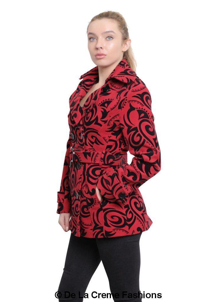 De La Creme Women's Tribal Print Double Breasted Short Coat in black, grey, and red with stylish belt and satin lining.