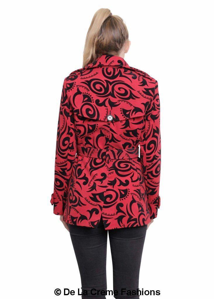 De La Creme Women's Tribal Print Double Breasted Short Coat in black, grey, and red with stylish belt and satin lining.