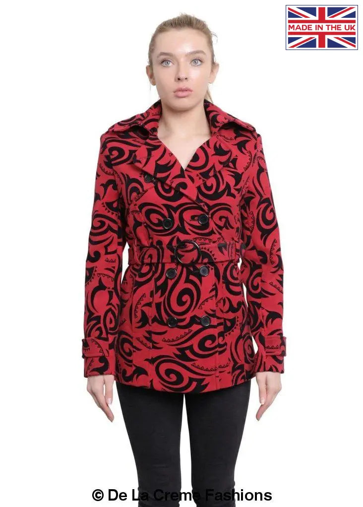 De La Creme Women's Tribal Print Double Breasted Short Coat in black, grey, and red with stylish belt and satin lining.