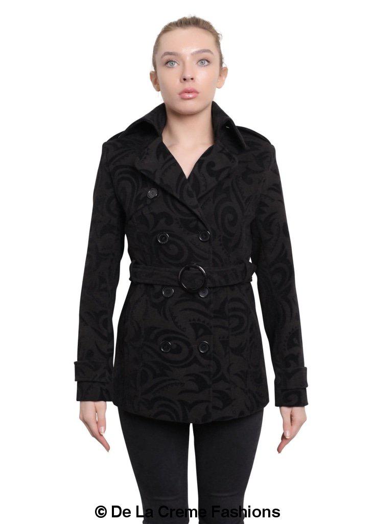 De La Creme Women's Tribal Print Double Breasted Short Coat in black, grey, and red with stylish belt and satin lining.