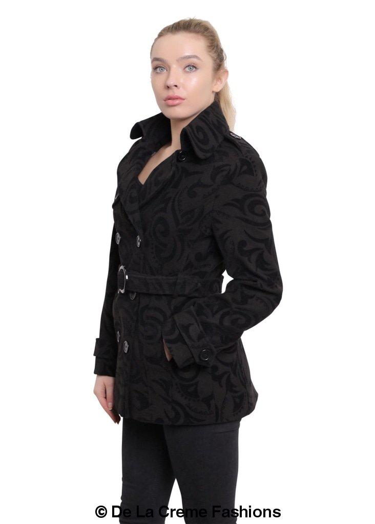 De La Creme Women's Tribal Print Double Breasted Short Coat in black, grey, and red with stylish belt and satin lining.