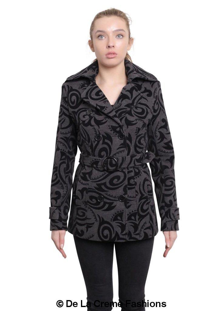 De La Creme Women's Tribal Print Double Breasted Short Coat in black, grey, and red with stylish belt and satin lining.