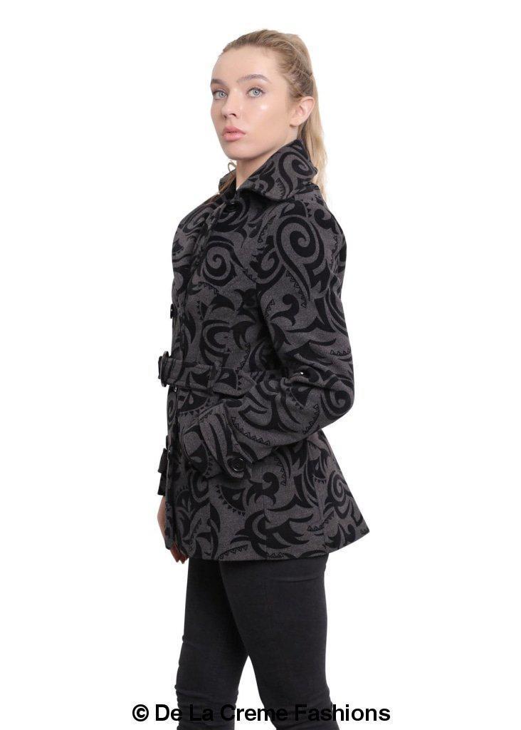 De La Creme Women's Tribal Print Double Breasted Short Coat in black, grey, and red with stylish belt and satin lining.