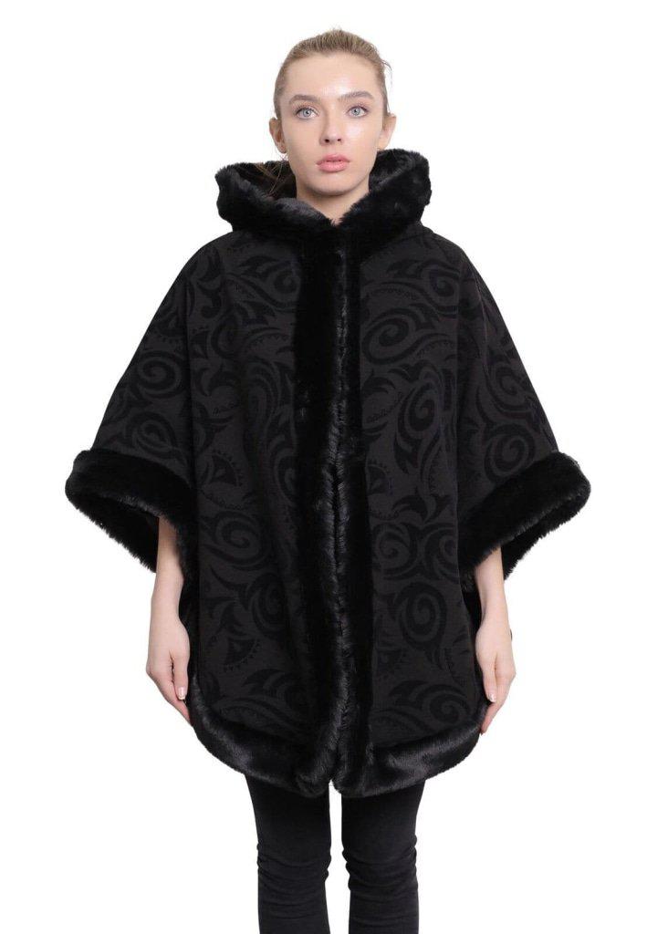 De La Creme Women's Tribal Print Fur Lined Hooded Cape in various colors, showcasing its luxurious design and cozy fur lining.