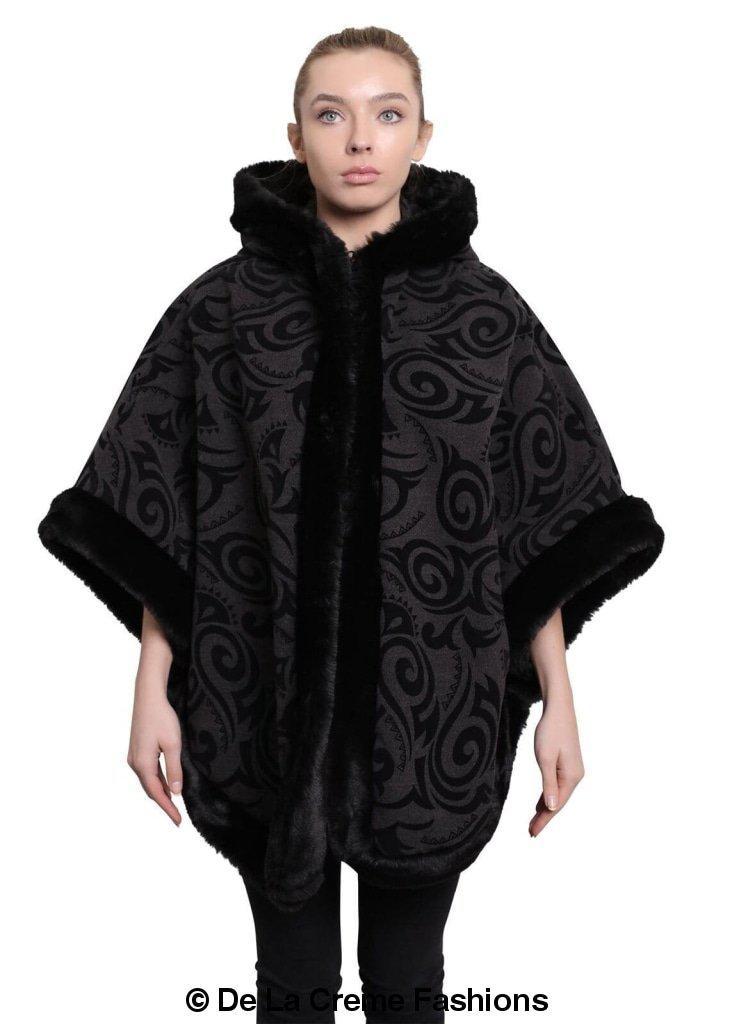 De La Creme Women's Tribal Print Fur Lined Hooded Cape in various colors, showcasing its luxurious design and cozy fur lining.