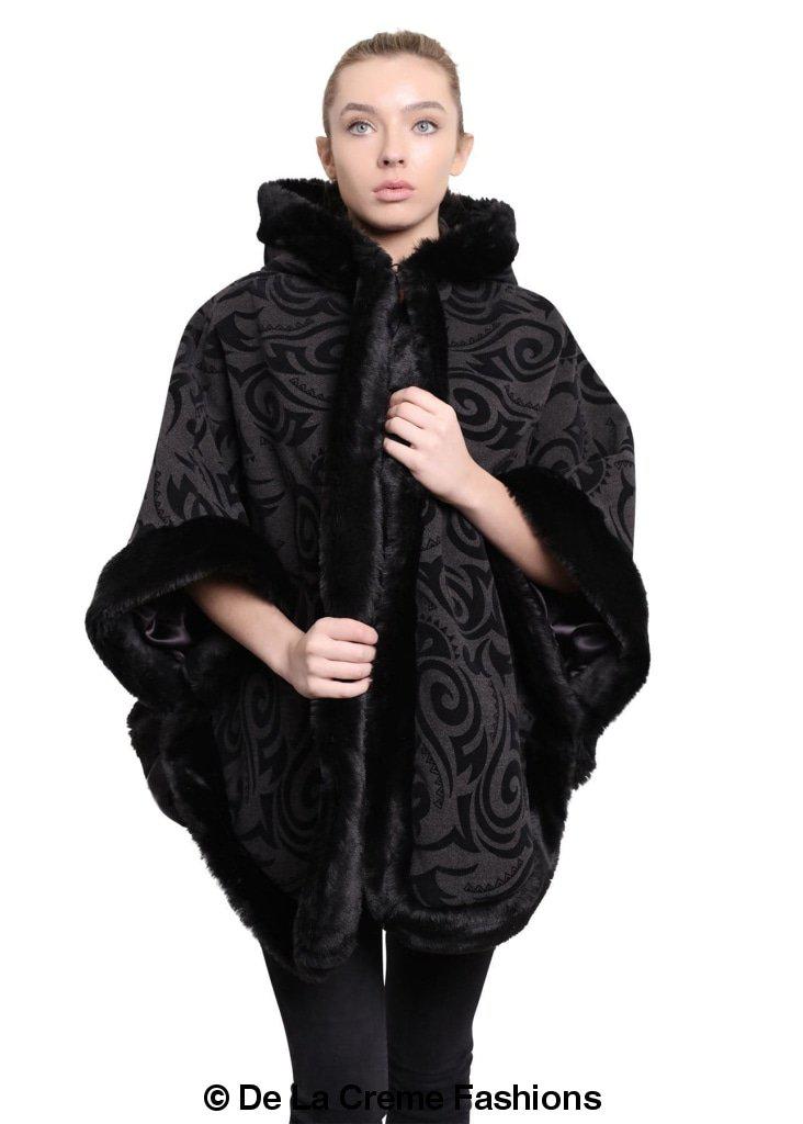 De La Creme Women's Tribal Print Fur Lined Hooded Cape in various colors, showcasing its luxurious design and cozy fur lining.