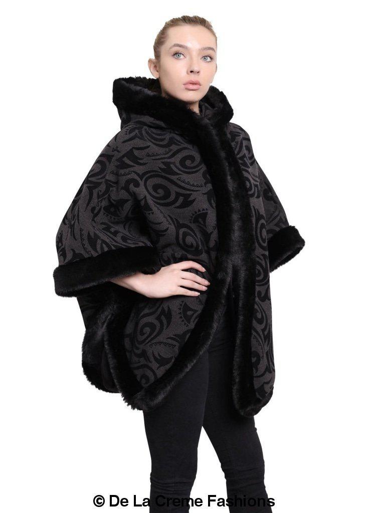 De La Creme Women's Tribal Print Fur Lined Hooded Cape in various colors, showcasing its luxurious design and cozy fur lining.