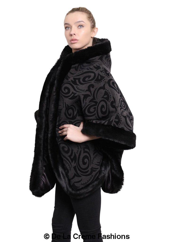 De La Creme Women's Tribal Print Fur Lined Hooded Cape in various colors, showcasing its luxurious design and cozy fur lining.