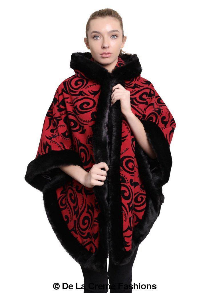 De La Creme Women's Tribal Print Fur Lined Hooded Cape in various colors, showcasing its luxurious design and cozy fur lining.