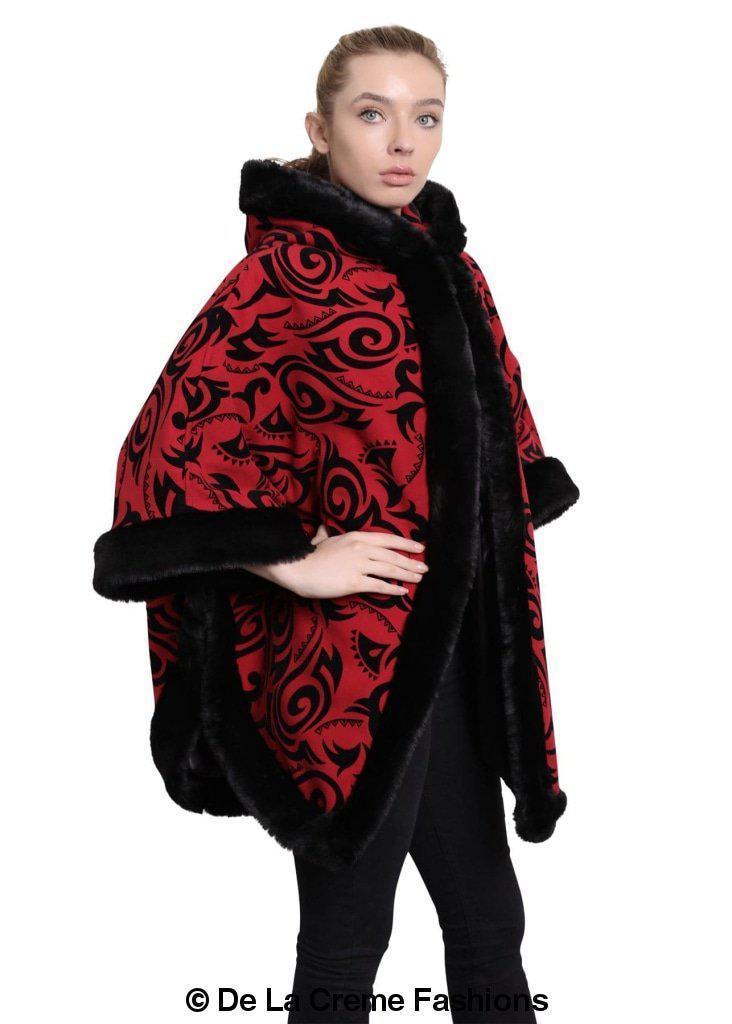 De La Creme Women's Tribal Print Fur Lined Hooded Cape in various colors, showcasing its luxurious design and cozy fur lining.