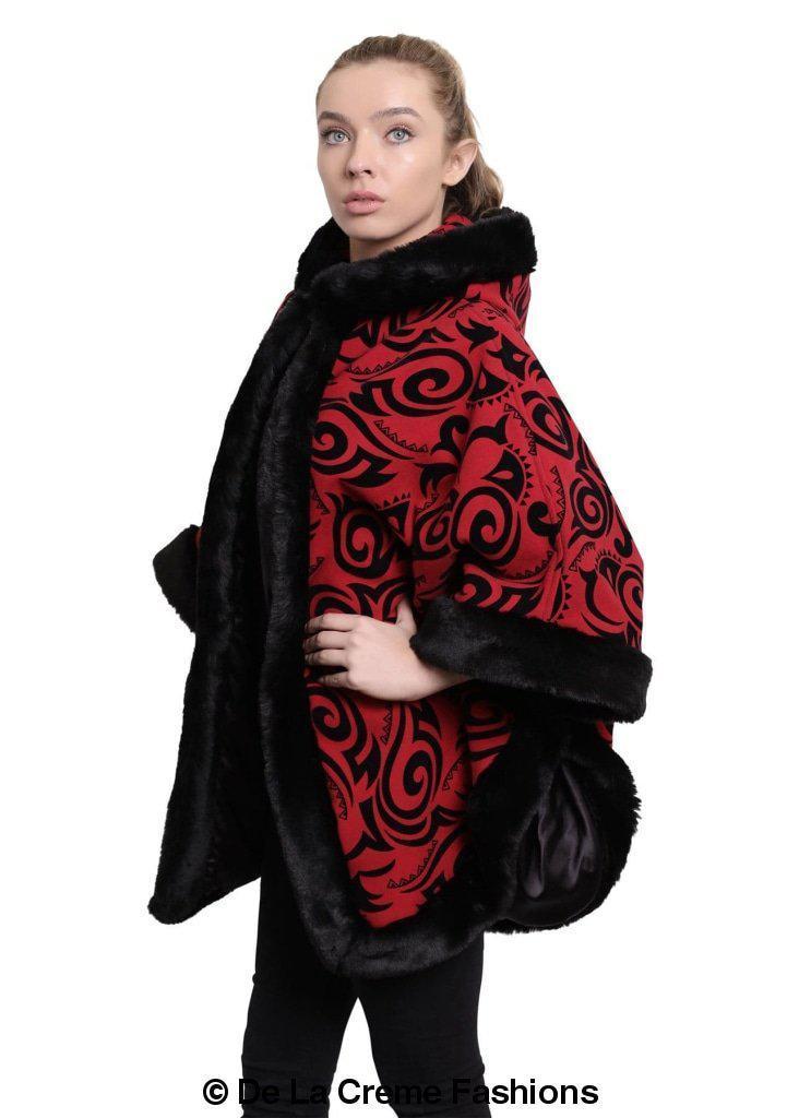 De La Creme Women's Tribal Print Fur Lined Hooded Cape in various colors, showcasing its luxurious design and cozy fur lining.