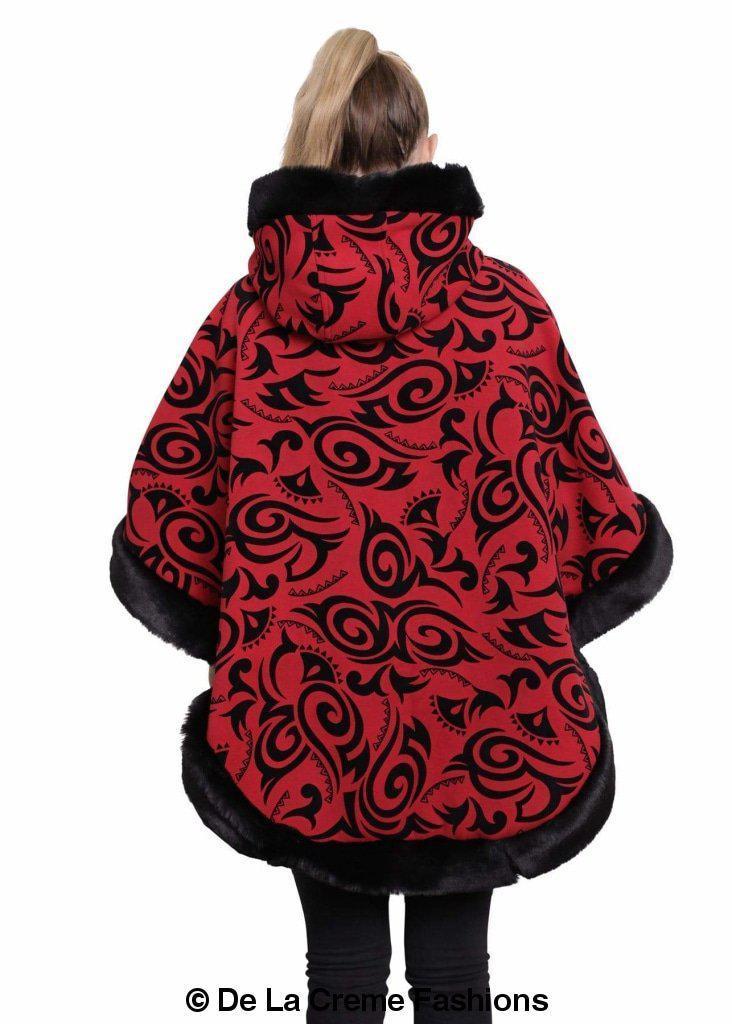 De La Creme Women's Tribal Print Fur Lined Hooded Cape in various colors, showcasing its luxurious design and cozy fur lining.