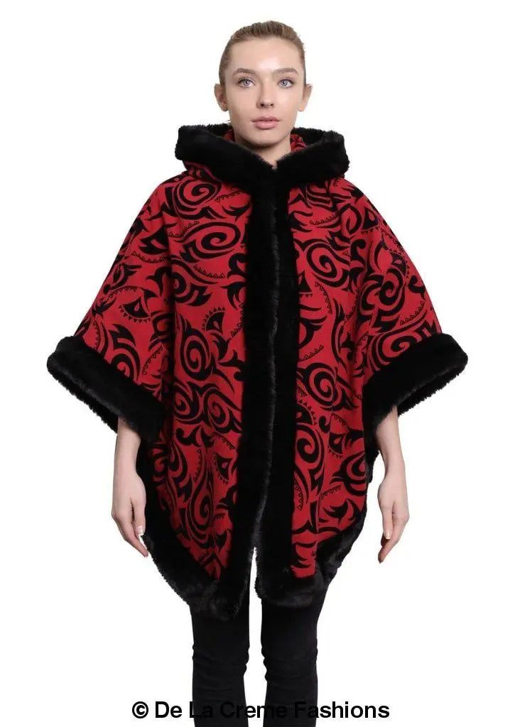 De La Creme Women's Tribal Print Fur Lined Hooded Cape in various colors, showcasing its luxurious design and cozy fur lining.