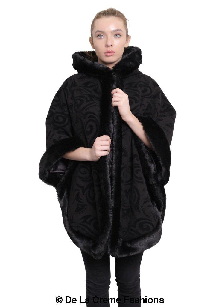 De La Creme Women's Tribal Print Fur Lined Hooded Cape in various colors, showcasing its luxurious design and cozy fur lining.