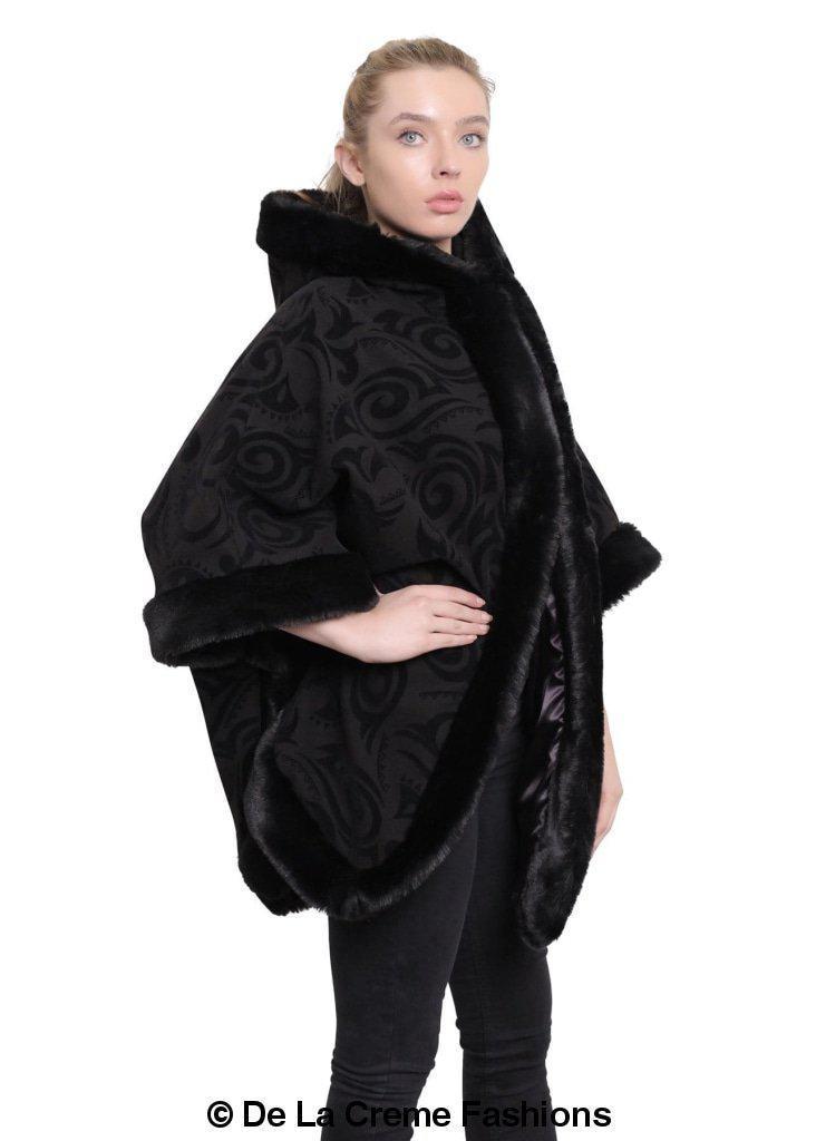 De La Creme Women's Tribal Print Fur Lined Hooded Cape in various colors, showcasing its luxurious design and cozy fur lining.