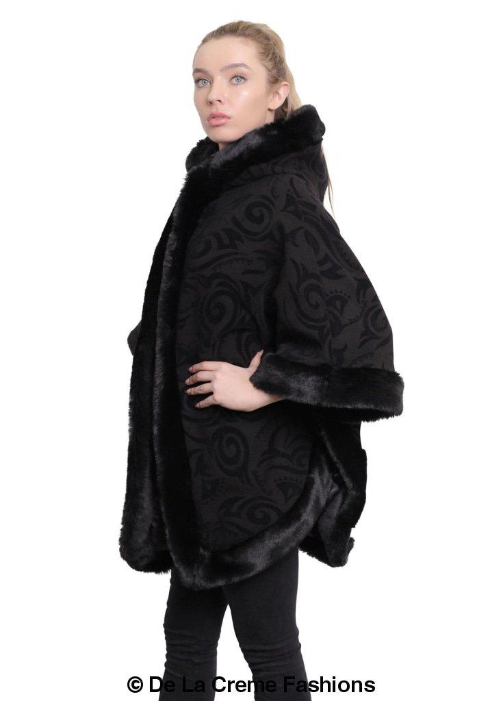 De La Creme Women's Tribal Print Fur Lined Hooded Cape in various colors, showcasing its luxurious design and cozy fur lining.