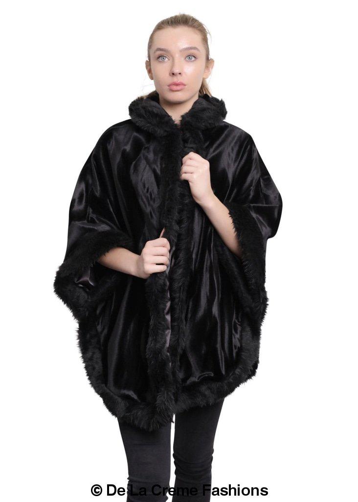 De La Creme Women's Tribal Print Fur Lined Hooded Cape in various colors, showcasing its luxurious design and cozy fur lining.