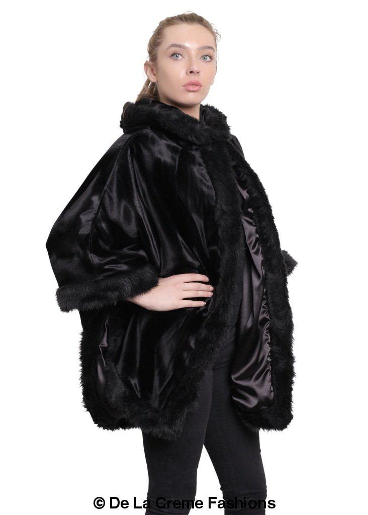 De La Creme Women's Tribal Print Fur Lined Hooded Cape in various colors, showcasing its luxurious design and cozy fur lining.