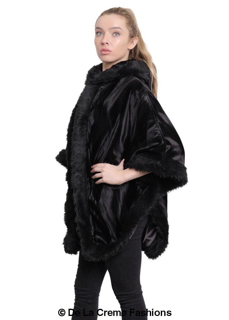 De La Creme Women's Tribal Print Fur Lined Hooded Cape in various colors, showcasing its luxurious design and cozy fur lining.