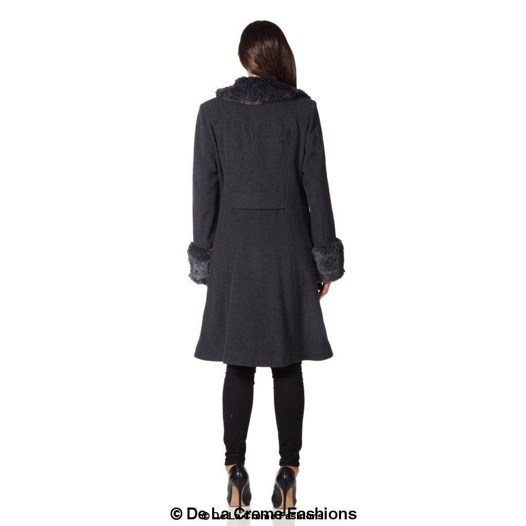 De La Creme Women's Wool Blend Faux Fur Trim Midi Coat featuring a double-breasted design, faux fur collar, and luxurious wool blend fabric.