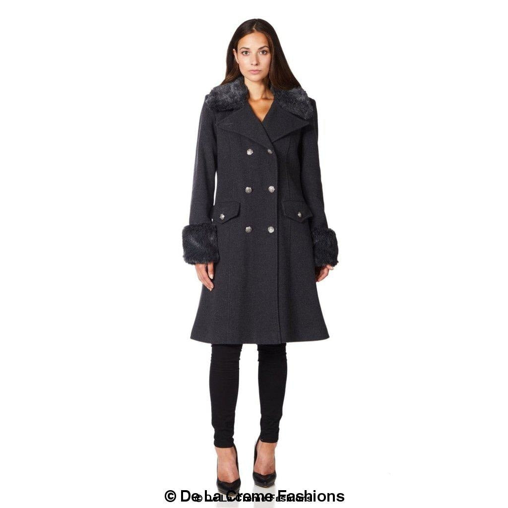 De La Creme Women's Wool Blend Faux Fur Trim Midi Coat featuring a double-breasted design, faux fur collar, and luxurious wool blend fabric.