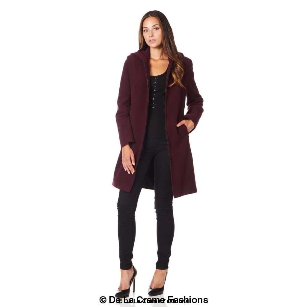 De La Creme Women's Wool Blend Hooded Zip Coat in Black, showcasing its stylish design and zip fastening.