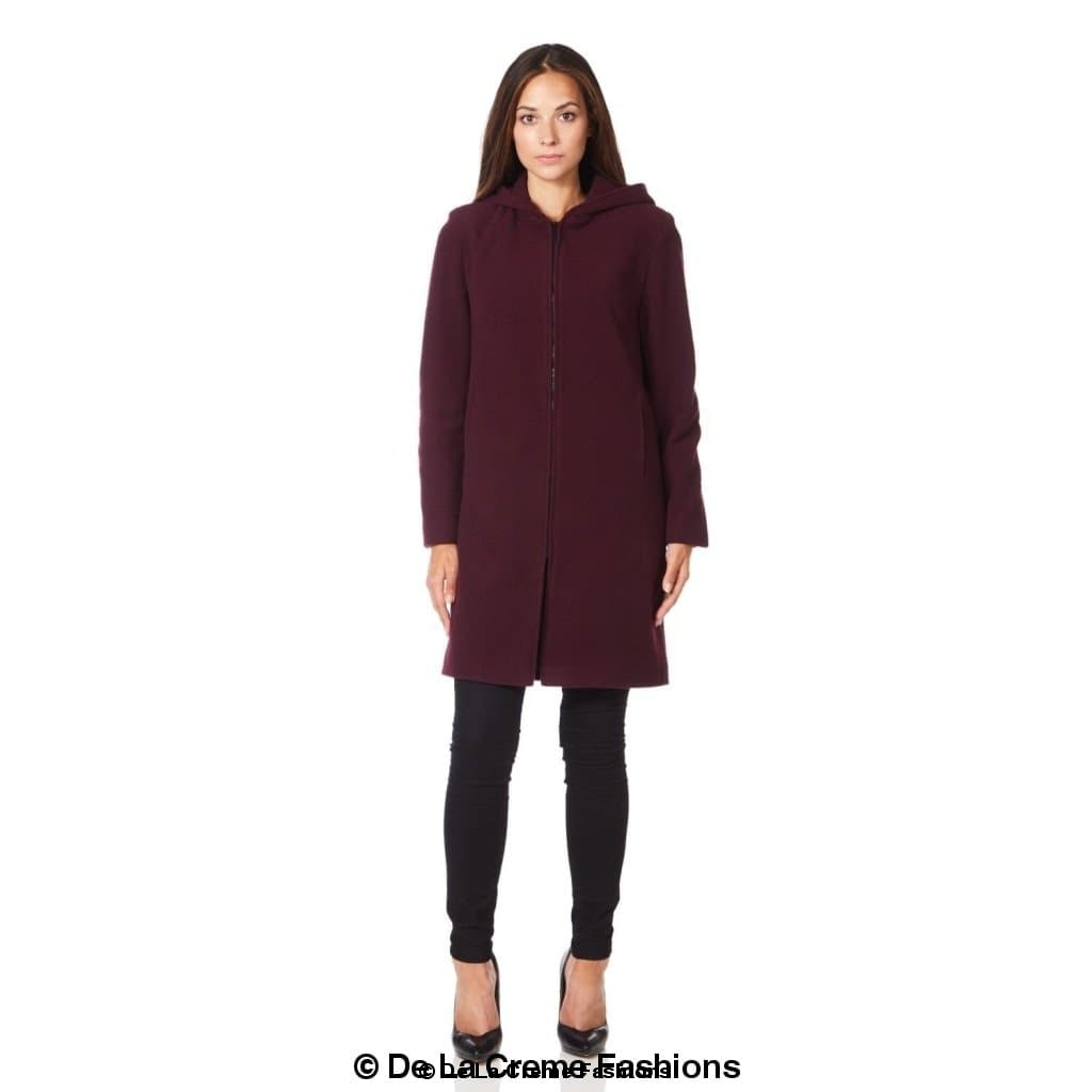 De La Creme Women's Wool Blend Hooded Zip Coat in Black, showcasing its stylish design and zip fastening.