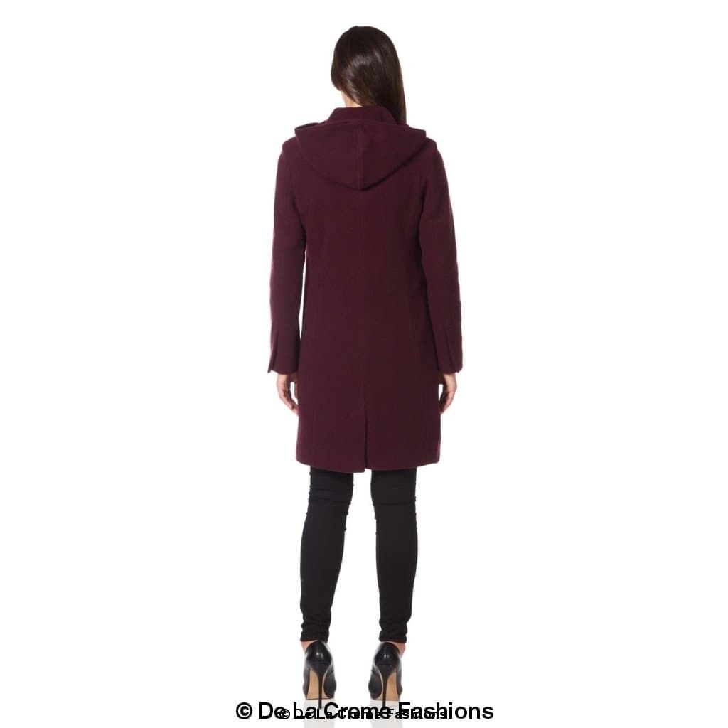 De La Creme Women's Wool Blend Hooded Zip Coat in Black, showcasing its stylish design and zip fastening.