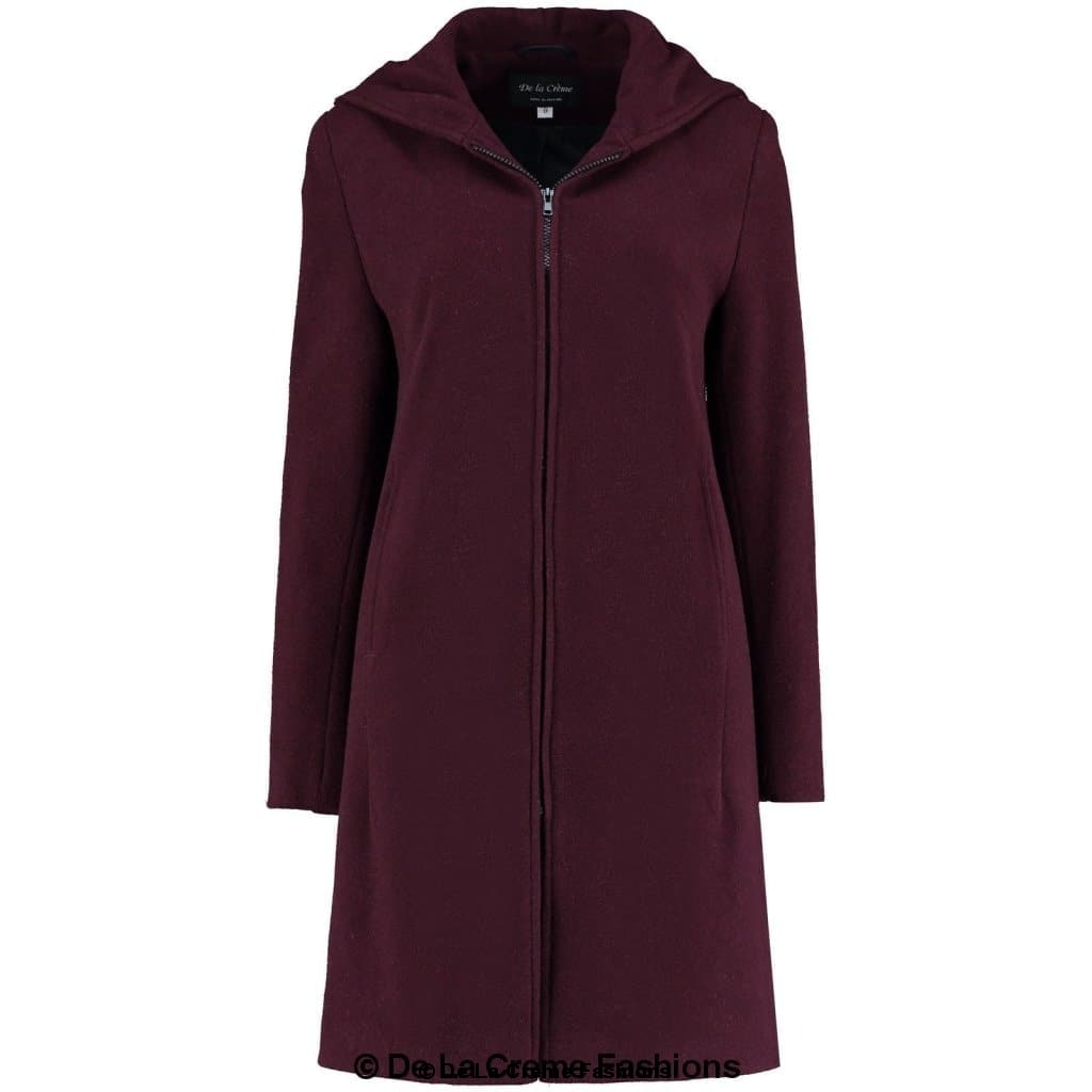 De La Creme Women's Wool Blend Hooded Zip Coat in Black, showcasing its stylish design and zip fastening.