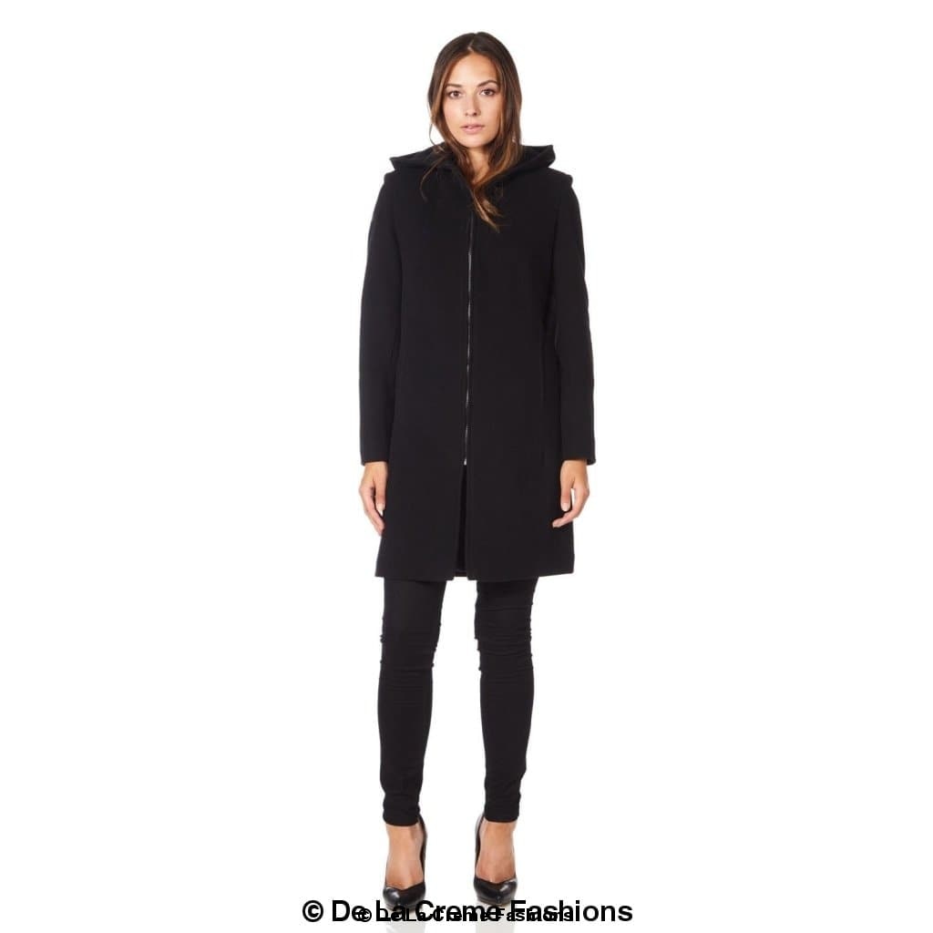 De La Creme Women's Wool Blend Hooded Zip Coat in Black, showcasing its stylish design and zip fastening.