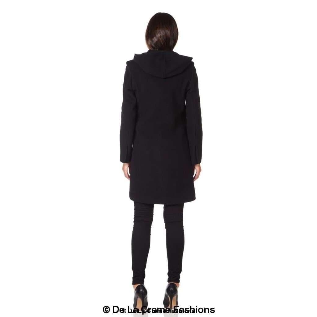 De La Creme Women's Wool Blend Hooded Zip Coat in Black, showcasing its stylish design and zip fastening.