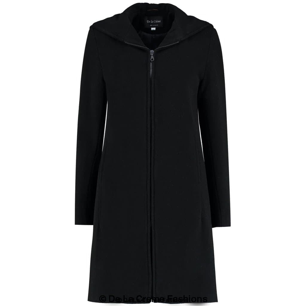 De La Creme Women's Wool Blend Hooded Zip Coat in Black, showcasing its stylish design and zip fastening.