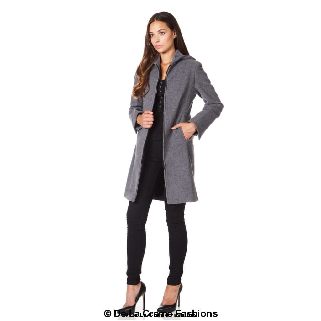 De La Creme Women's Wool Blend Hooded Zip Coat in Black, showcasing its stylish design and zip fastening.