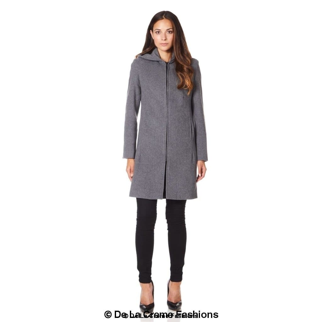 De La Creme Women's Wool Blend Hooded Zip Coat in Black, showcasing its stylish design and zip fastening.