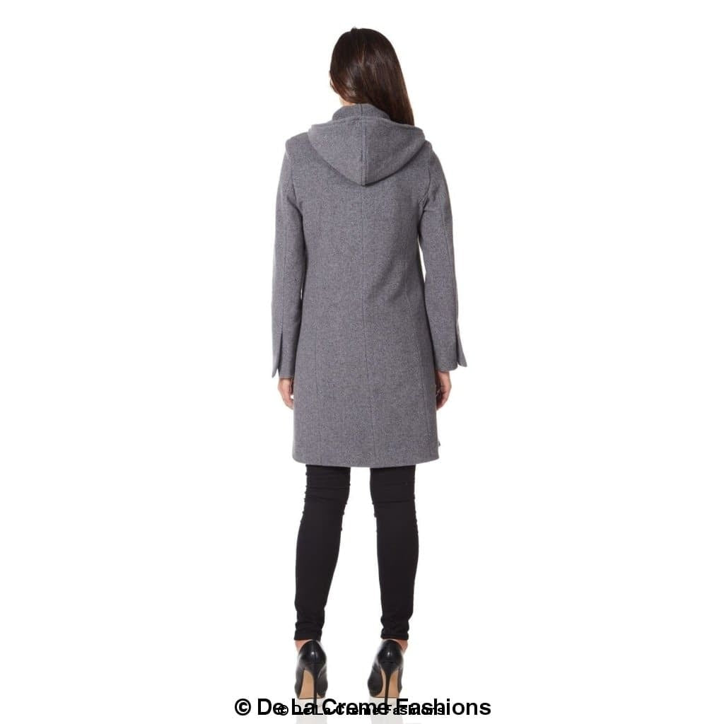 De La Creme Women's Wool Blend Hooded Zip Coat in Black, showcasing its stylish design and zip fastening.