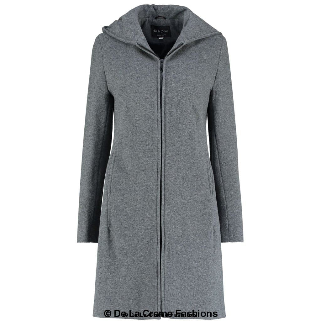 De La Creme Women's Wool Blend Hooded Zip Coat in Black, showcasing its stylish design and zip fastening.