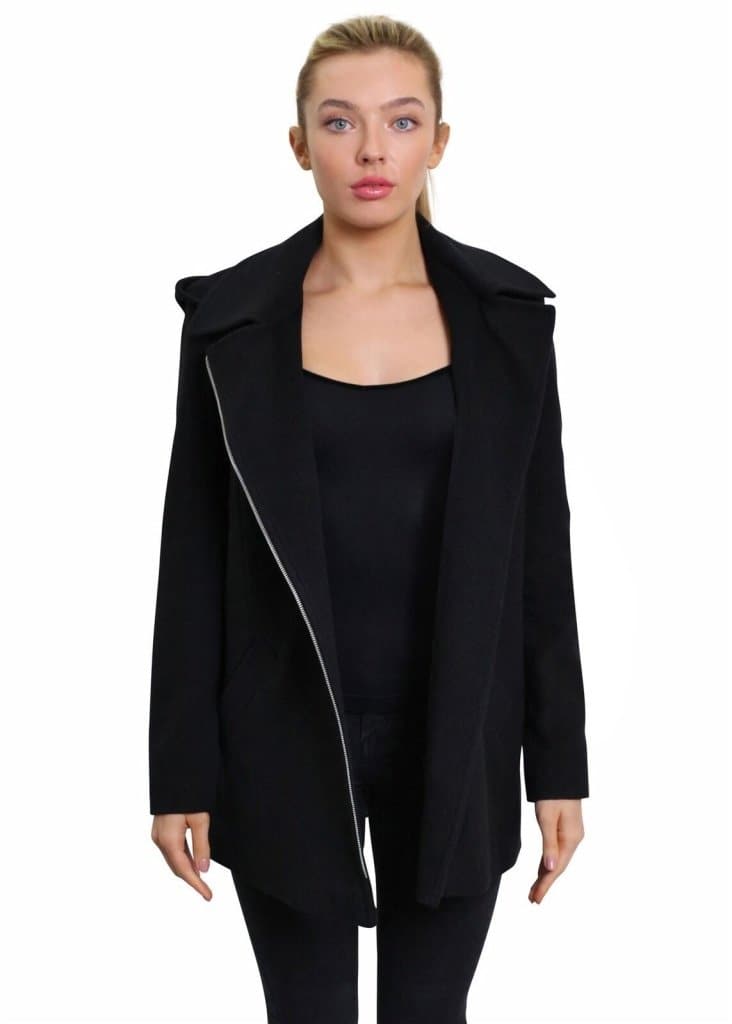 De La Creme Women's Wool Blend Zip Up Hooded Coat in black, showcasing its stylish design and zip fastening.