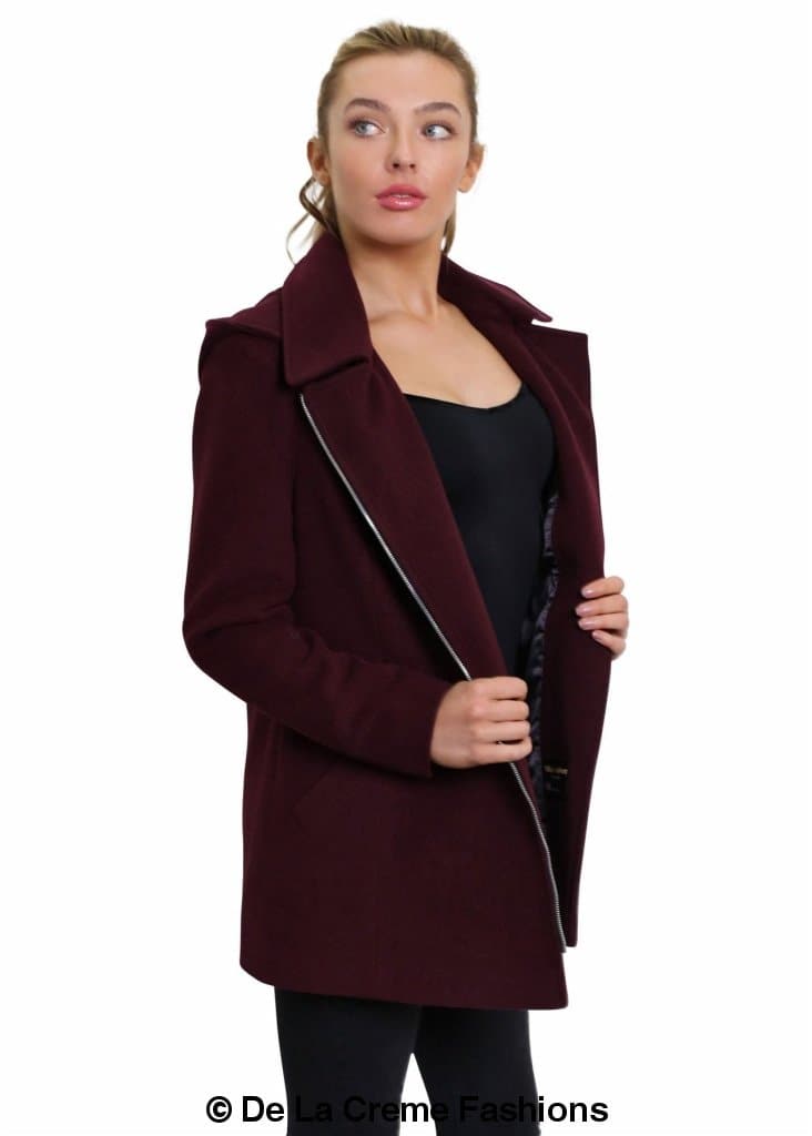 De La Creme Women's Wool Blend Zip Up Hooded Coat in black, showcasing its stylish design and zip fastening.