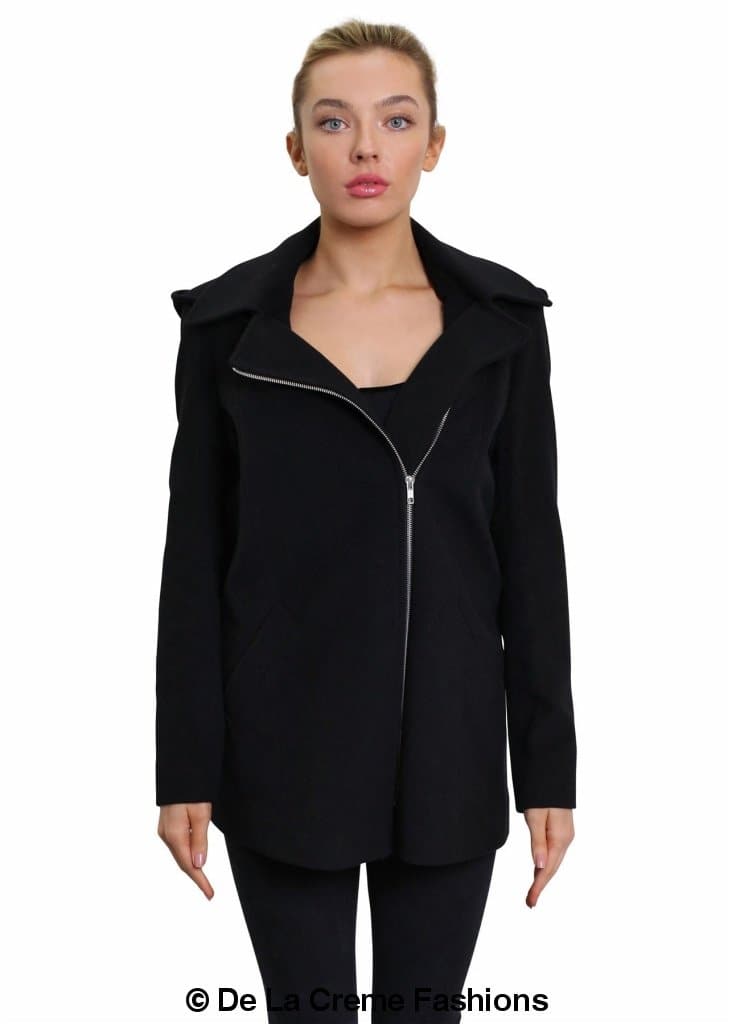 De La Creme Women's Wool Blend Zip Up Hooded Coat in black, showcasing its stylish design and zip fastening.