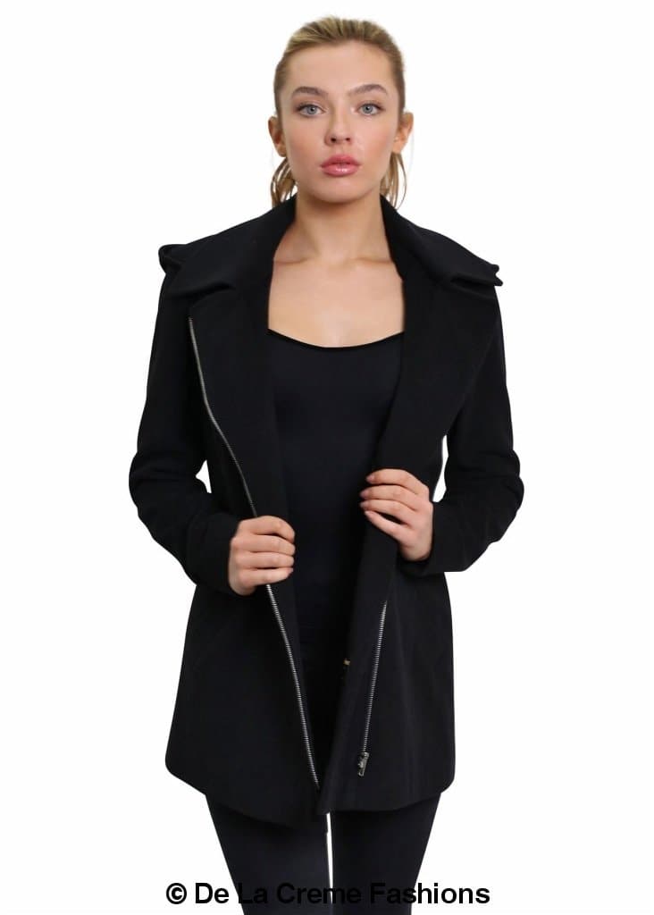 De La Creme Women's Wool Blend Zip Up Hooded Coat in black, showcasing its stylish design and zip fastening.