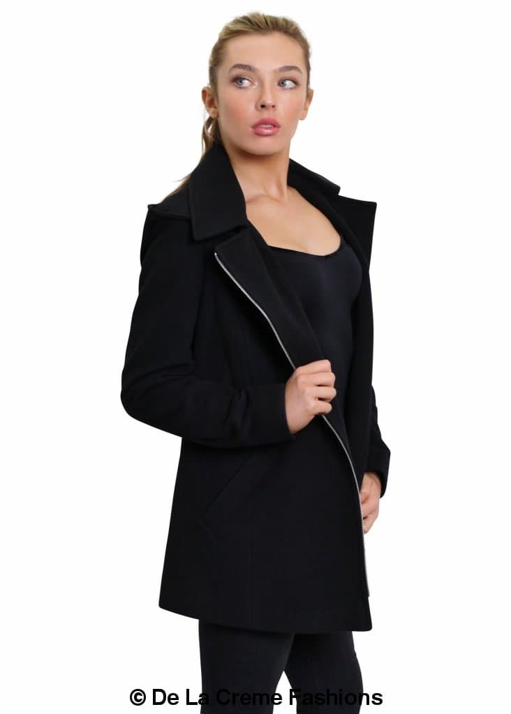 De La Creme Women's Wool Blend Zip Up Hooded Coat in black, showcasing its stylish design and zip fastening.