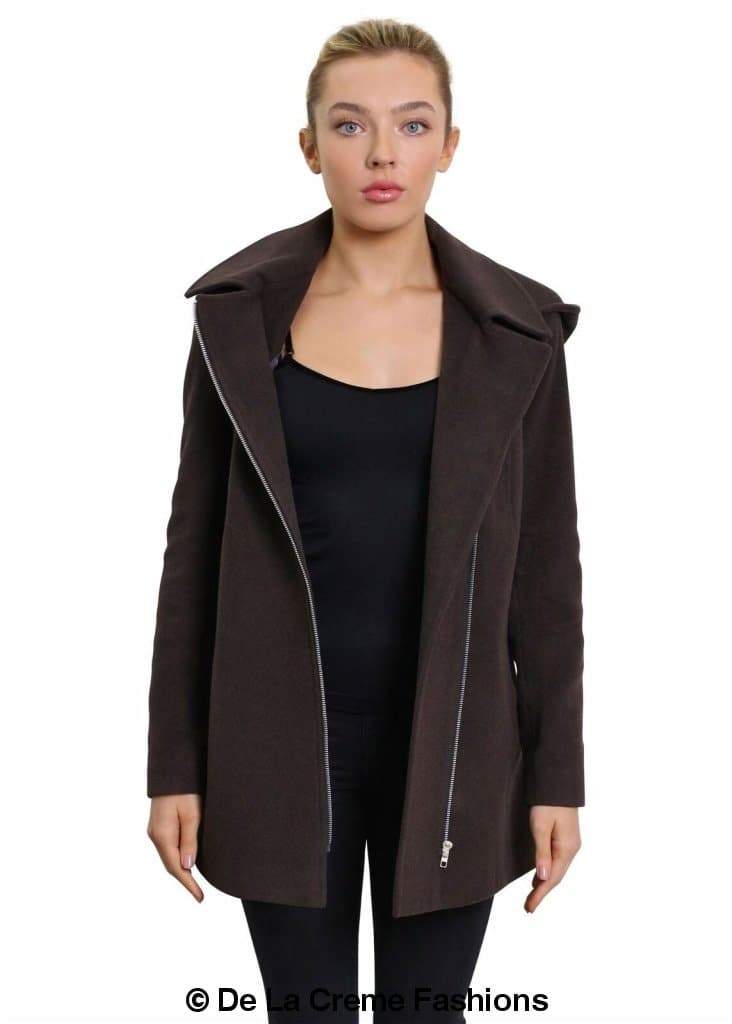 De La Creme Women's Wool Blend Zip Up Hooded Coat in black, showcasing its stylish design and zip fastening.