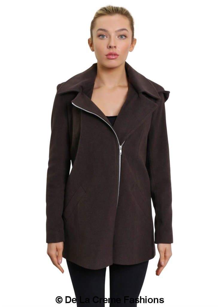 De La Creme Women's Wool Blend Zip Up Hooded Coat in black, showcasing its stylish design and zip fastening.