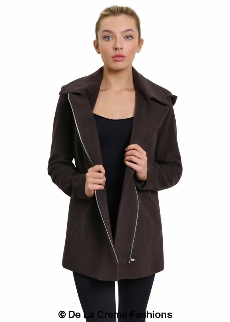 De La Creme Women's Wool Blend Zip Up Hooded Coat in black, showcasing its stylish design and zip fastening.