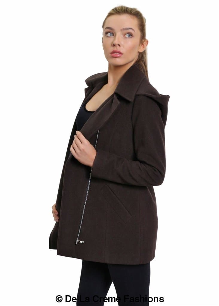 De La Creme Women's Wool Blend Zip Up Hooded Coat in black, showcasing its stylish design and zip fastening.